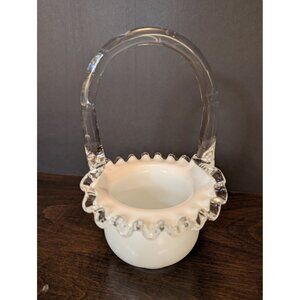 Vintage Fenton White Milk Glass Basket With Clear Glass Crimped Edge & Handle 7"